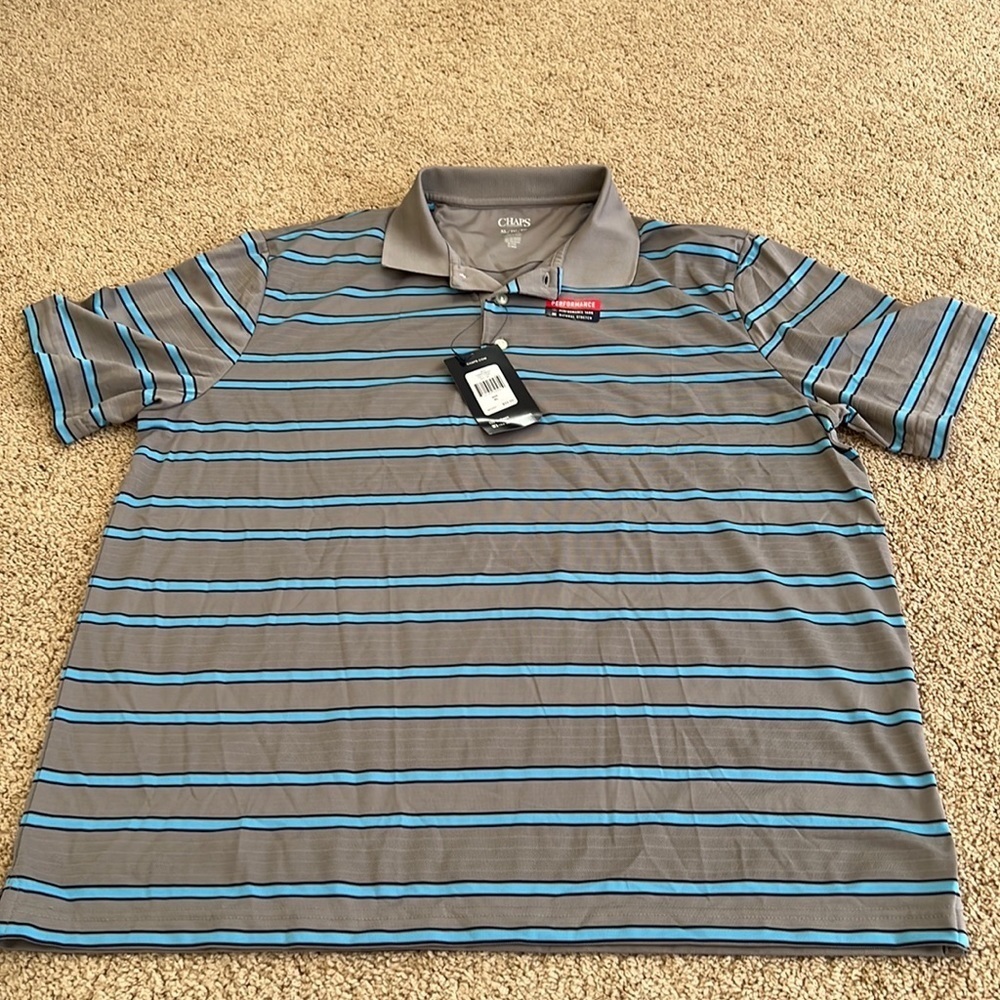 New! Chaps Mens XL grey striped performance tee.